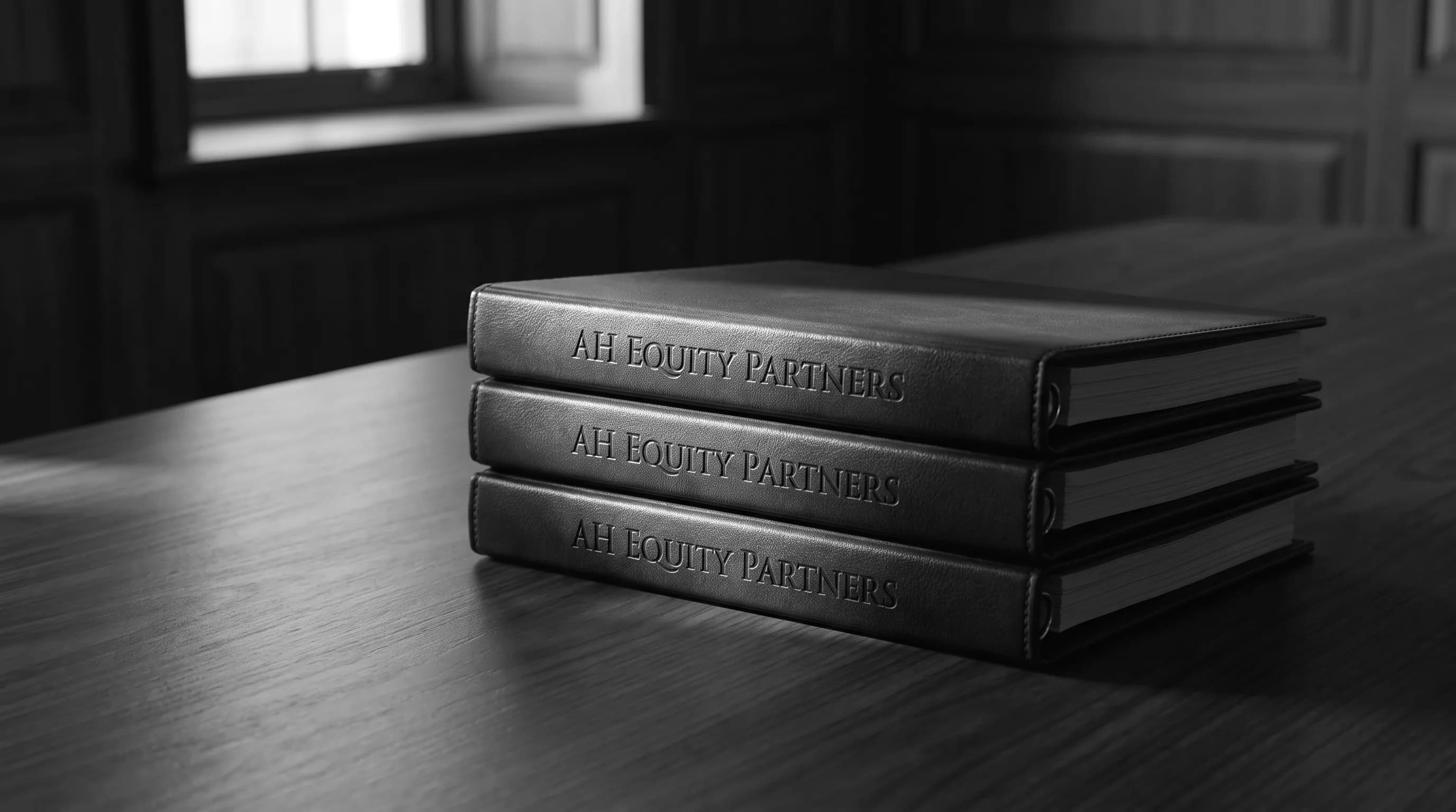A stack of leather binders embossed AH Equity Partners on a boardroom table