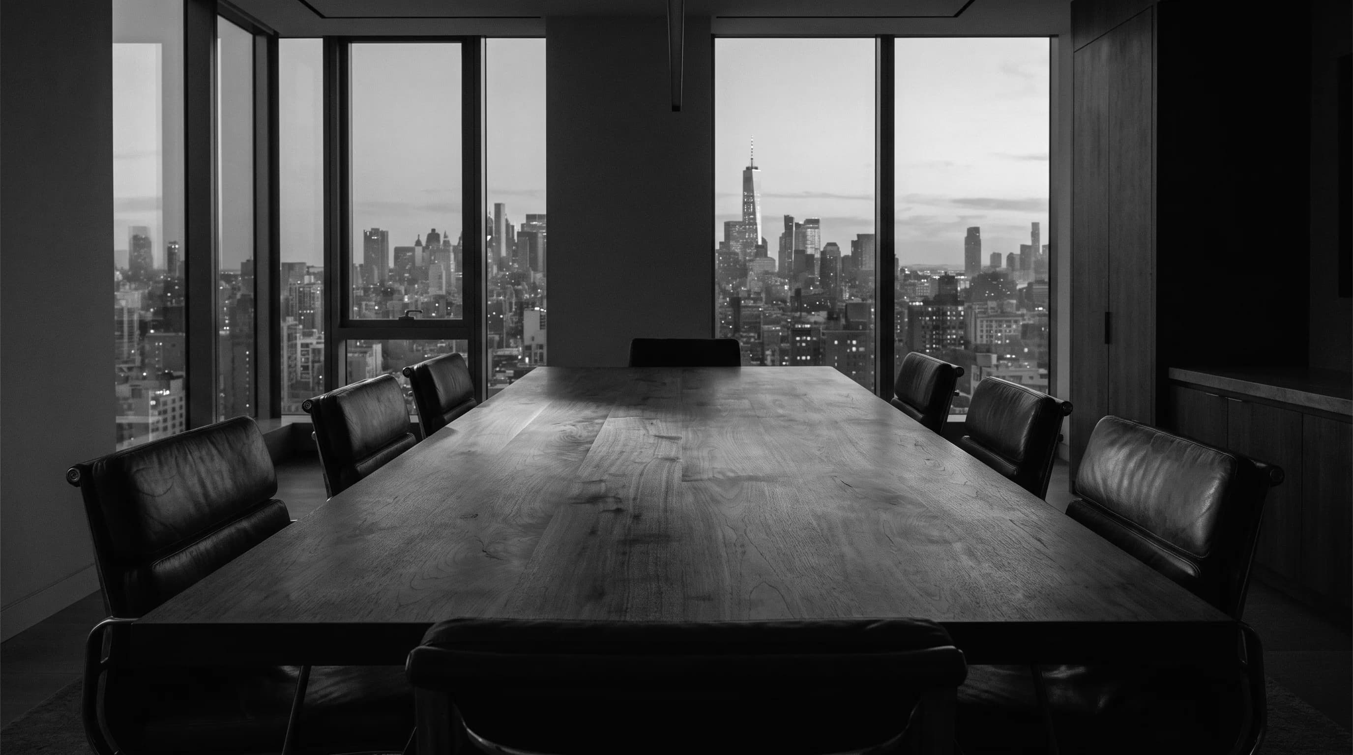 A private boardroom at dusk overlooking the Manhattan skyline