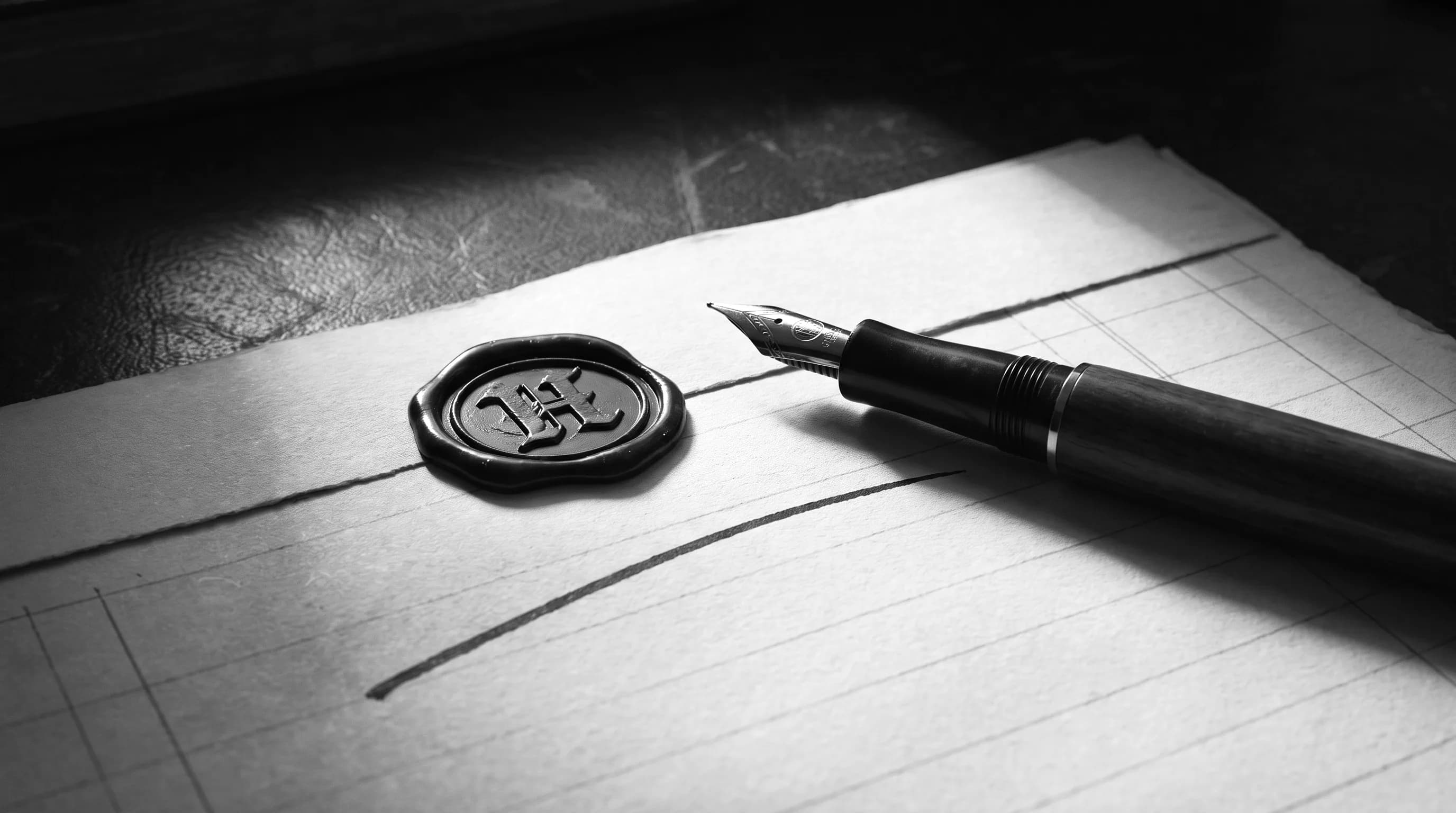 A fountain pen resting on ledger paper beside a wax seal, representing permanent capital