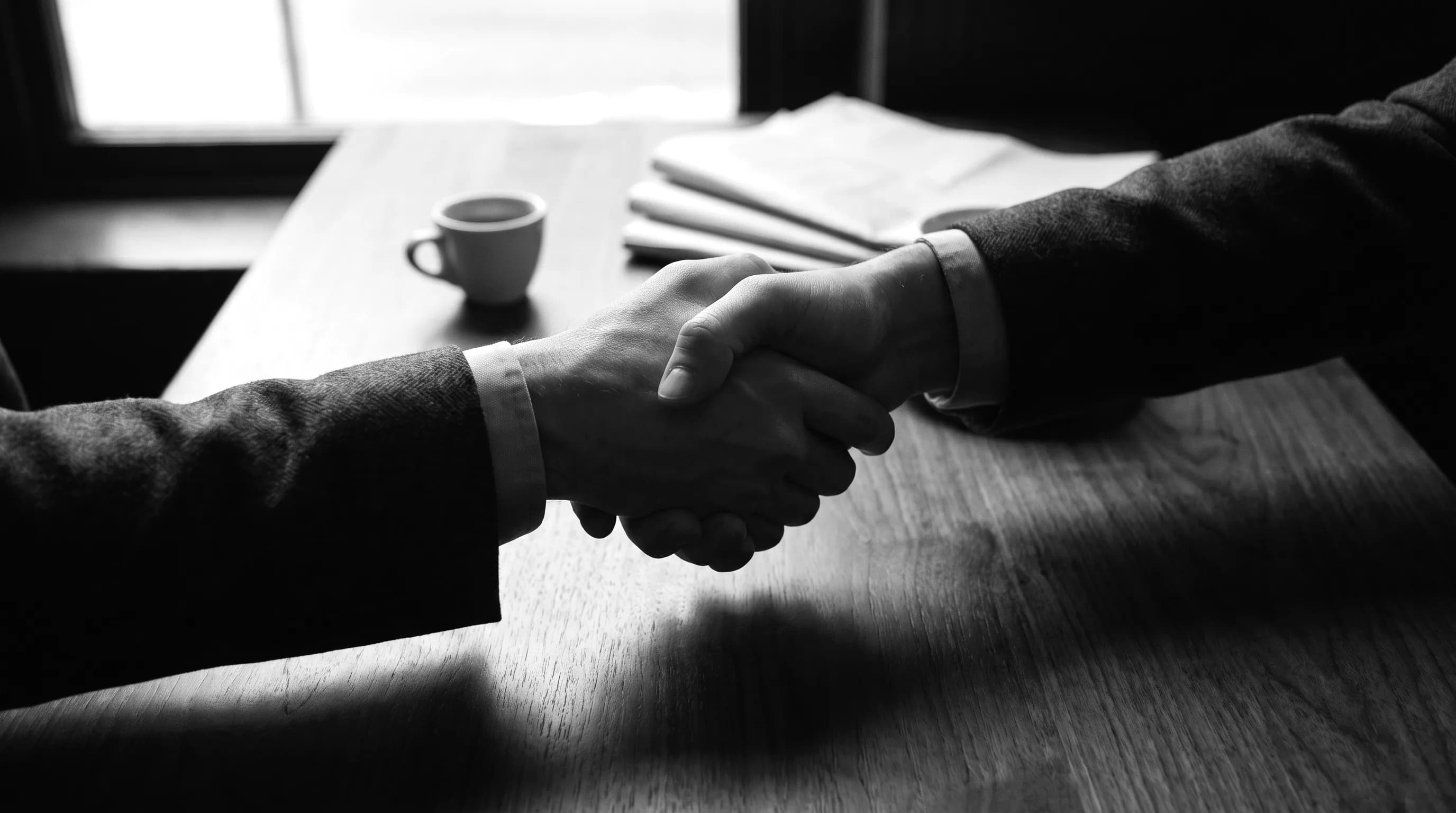 Two hands sealing an agreement across a walnut table, representing operator partnerships