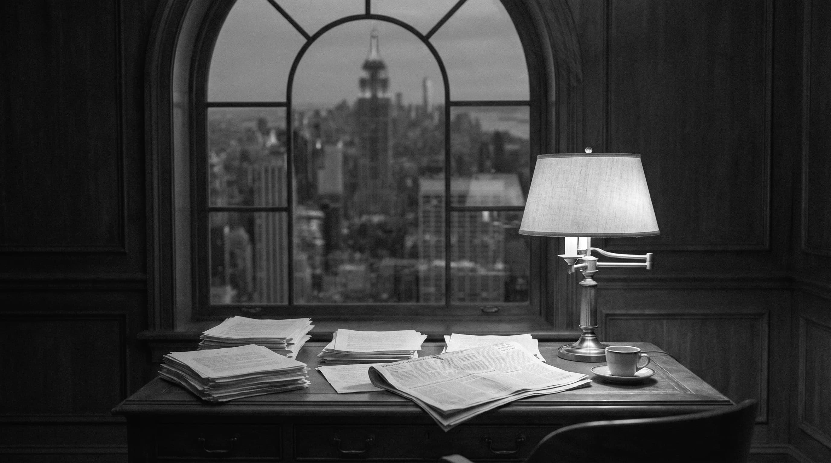 A writing desk by a tall window at dusk with stacked essays and a brass lamp