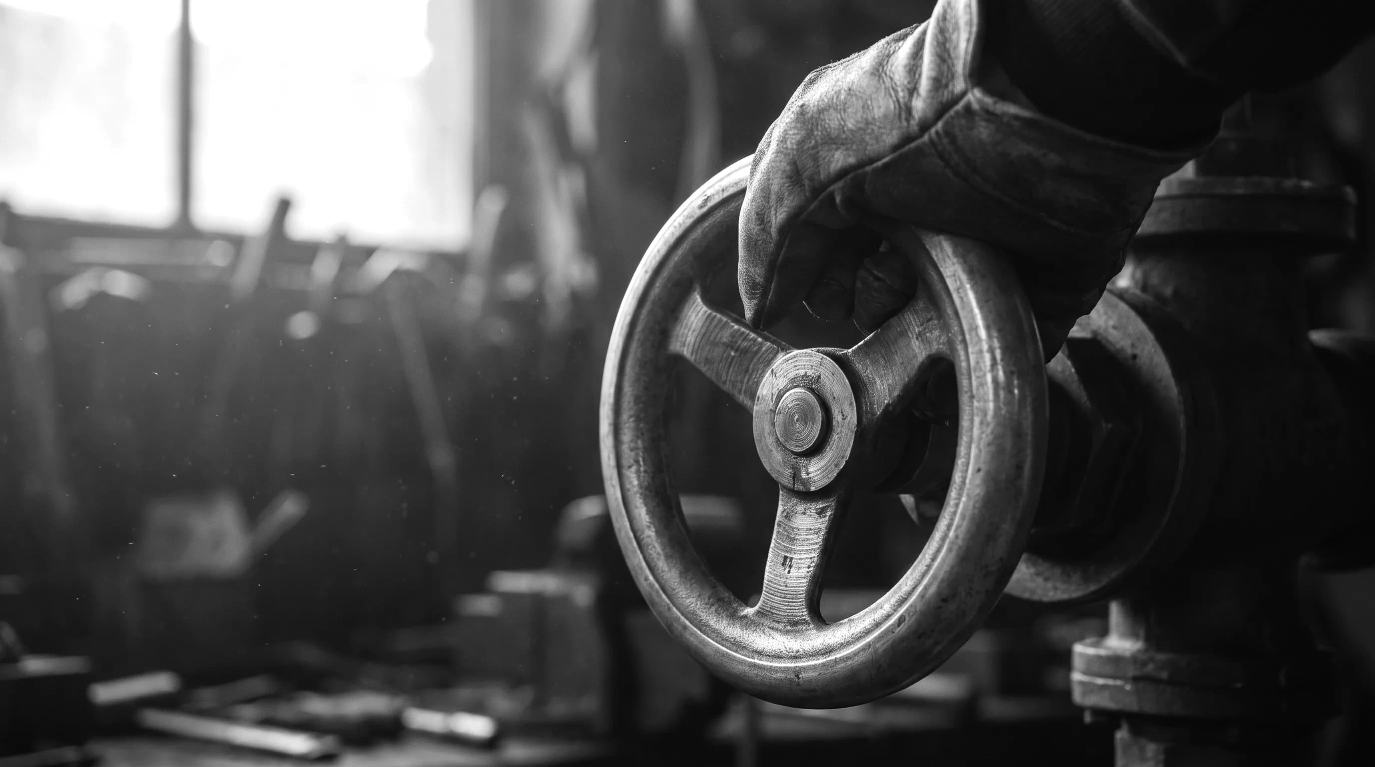 A craftsman's gloved hand on a heavy brass valve wheel, representing the essential home-services trades